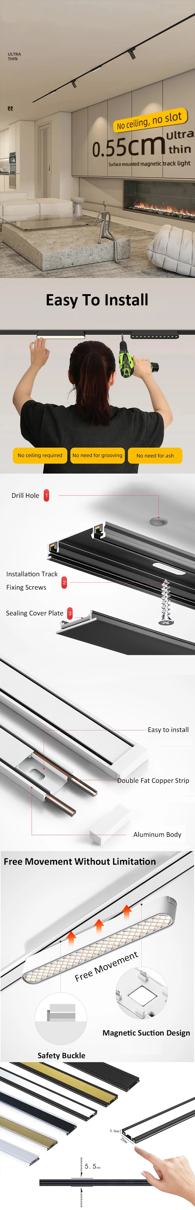 Commercial Lighting Spotlight Magnetic LED Light System with Ultra-Thin Magnetic Track Rail